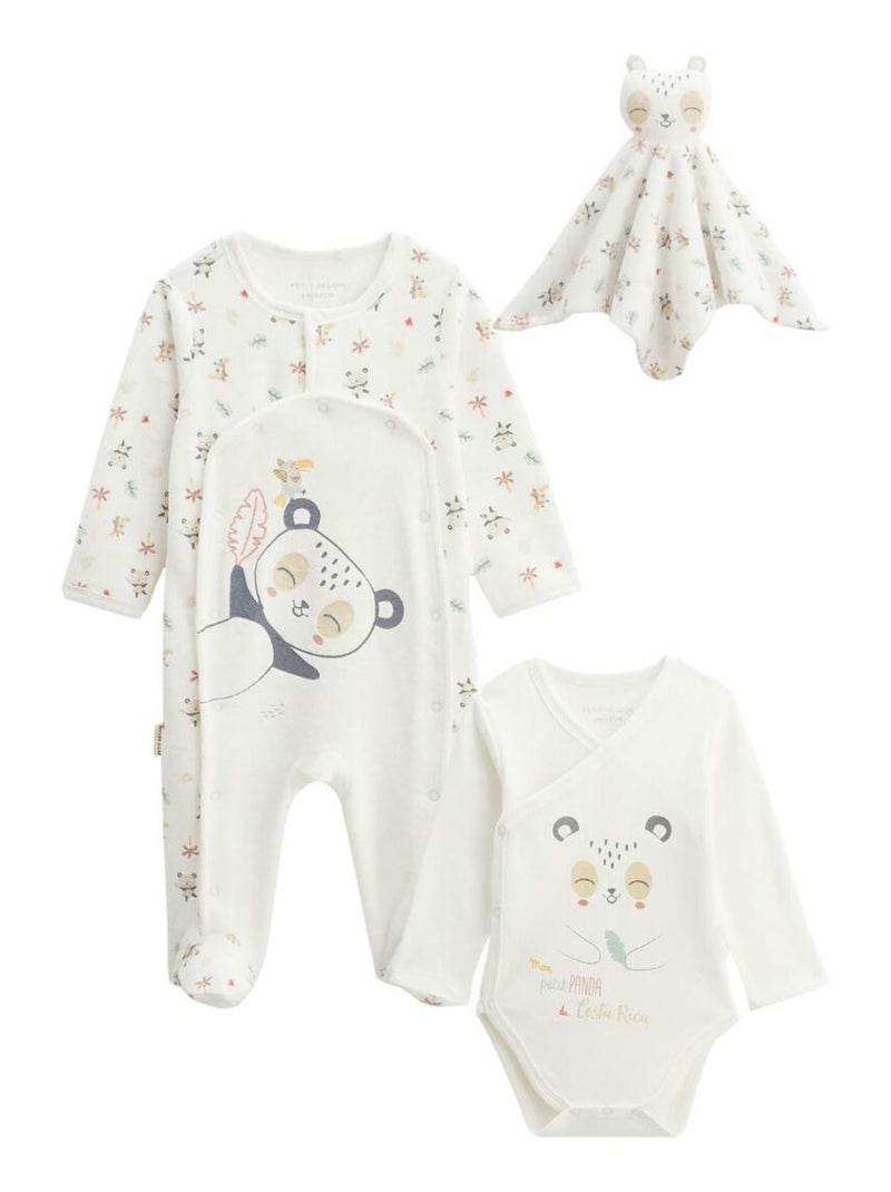 Kit naissance 3 pièces pyjama, body et doudou bébé Baby Panda Ecru - Kiabi