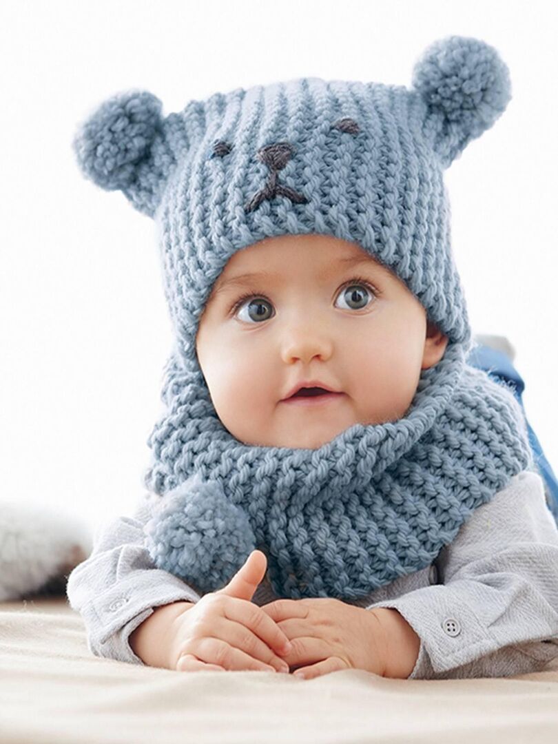 Ensemble Bonnet Et écharpe Tricotés Bébé - Hiver Chaud, Tailles 0-18 Mois, Couleur Bleu - Lavage Main