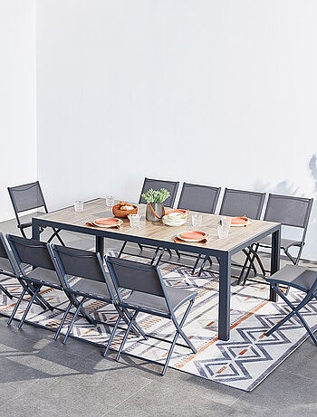 LAGOS - Ensemble table aluminium effet bois et 10 chaises