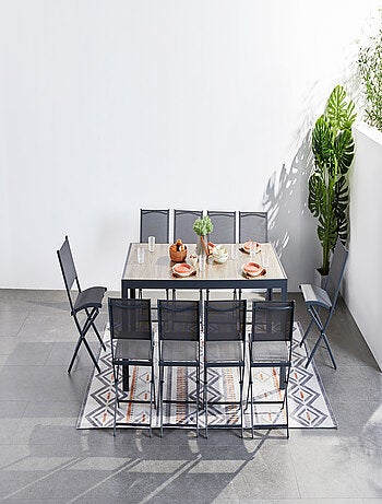 LAGOS - Ensemble table aluminium effet bois et 10 chaises
