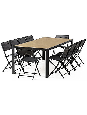 LAGOS Ensemble table de jardin 200 cm en aluminium et 10 chaises pliantes