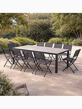 LAGOS Ensemble table de jardin 200 cm en aluminium et 10 chaises pliantes