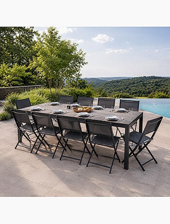 LAGOS Ensemble table de jardin 200 cm en aluminium et 10 chaises pliantes