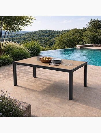 LAGOS Table de jardin 200cm en aluminium et avec plateau en verre trempé effet bois