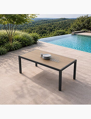 LAGOS Table de jardin 200cm en aluminium et avec plateau en verre trempé effet bois