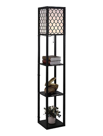 Lampadaire 3 étagères MDF noir abat-jour tissu motif nid d'abeille