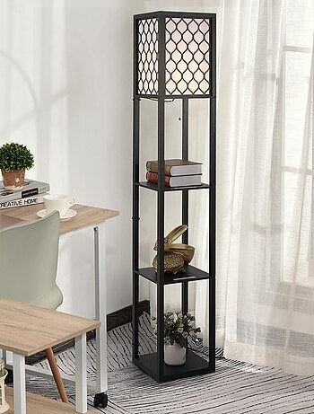 Lampadaire 3 étagères MDF noir abat-jour tissu motif nid d'abeille