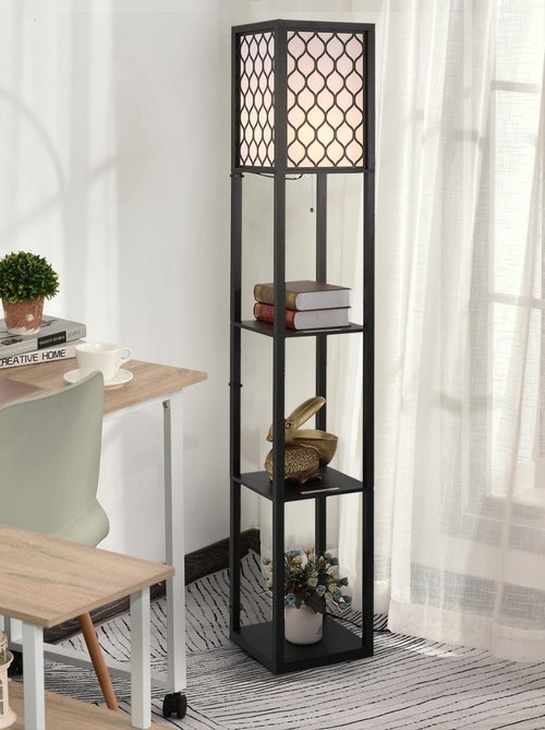 Lampadaire 3 étagères MDF noir abat-jour tissu motif nid d'abeille - Kiabi