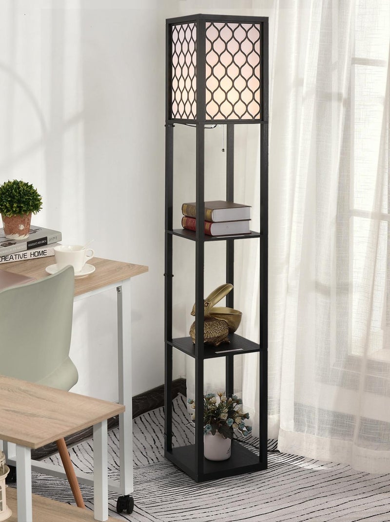 Lampadaire 3 étagères MDF noir abat-jour tissu motif nid d'abeille Noir - Kiabi