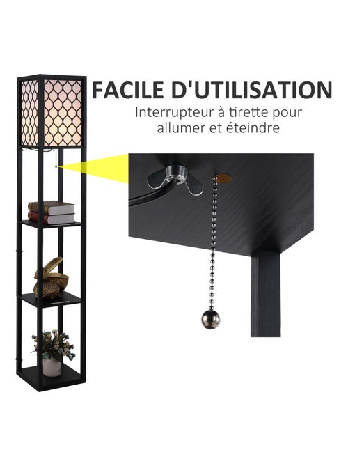 Lampadaire 3 étagères MDF noir abat-jour tissu motif nid d'abeille - Kiabi