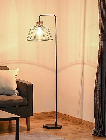 Lampadaire design industriel grillagé et arqué métal noir rotin