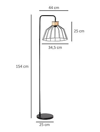 Lampadaire design industriel grillagé et arqué métal noir rotin