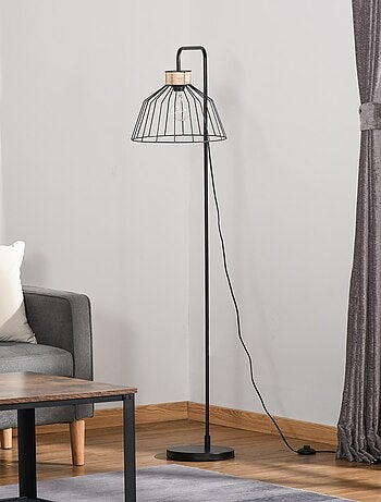 Lampadaire design industriel grillagé et arqué métal noir rotin