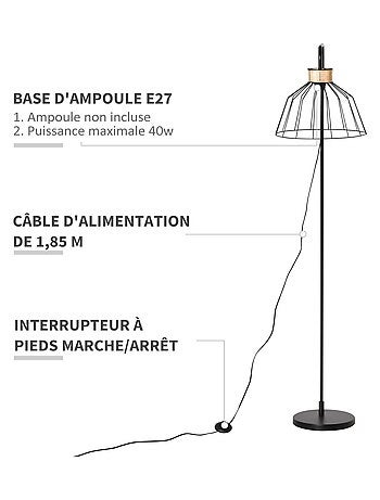 Lampadaire design industriel grillagé et arqué métal noir rotin