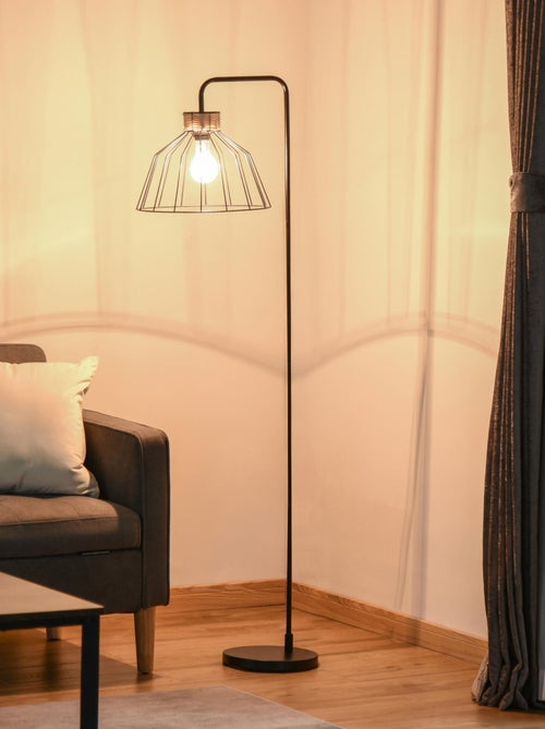 Lampadaire design industriel grillagé et arqué métal noir rotin - Kiabi