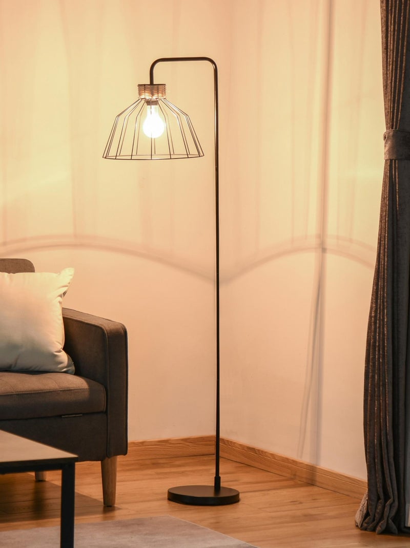 Lampadaire design industriel grillagé et arqué métal noir rotin Noir - Kiabi
