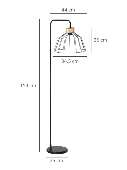 Lampadaire design industriel grillagé et arqué métal noir rotin - Kiabi