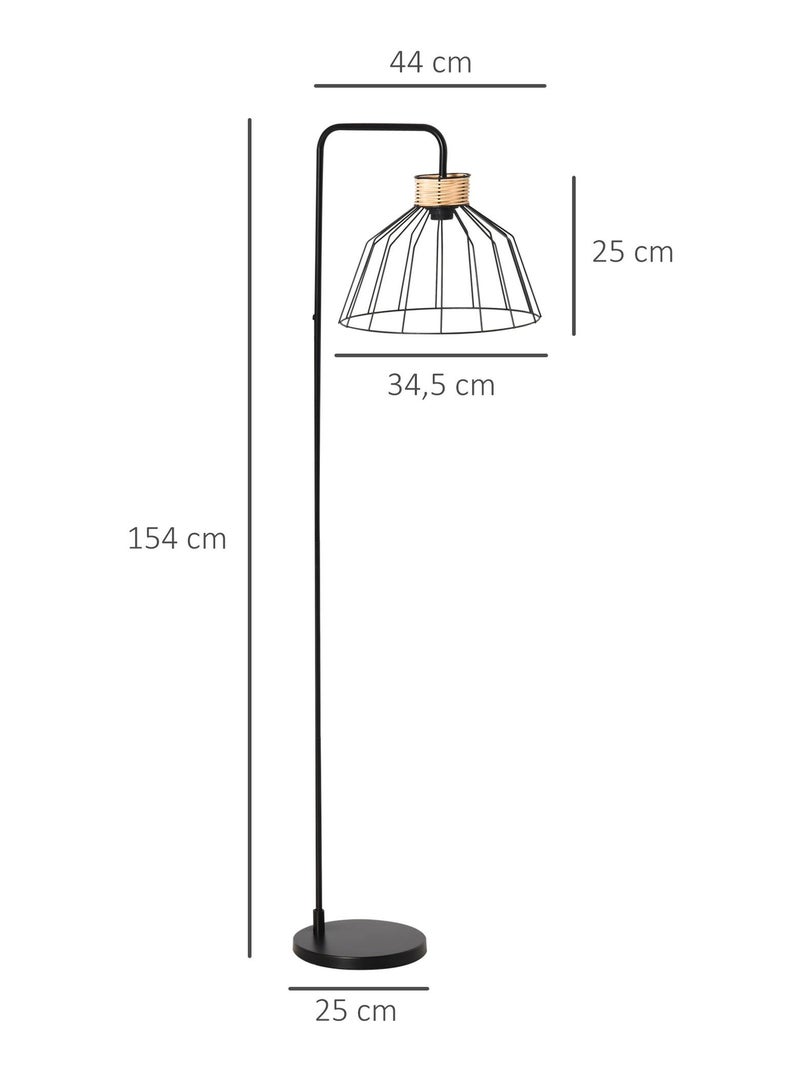 Lampadaire design industriel grillagé et arqué métal noir rotin Noir - Kiabi