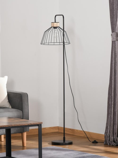 Lampadaire design industriel grillagé et arqué métal noir rotin - Kiabi