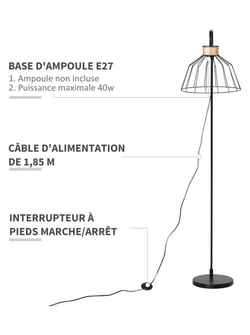 Lampadaire design industriel grillagé et arqué métal noir rotin - Kiabi