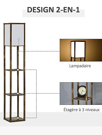 Lampadaire étagères 3 niveaux aspect bois