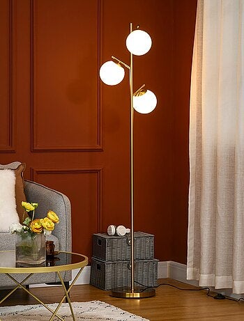 Lampadaire globe design néo-rétro 3 ampoules métal doré