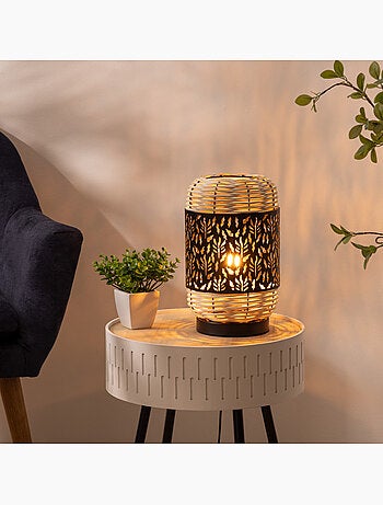 Lampe à poser cylindrique en rotin et métal ajouré CALY