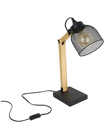 Lampe à poser grille en métal noir et bois