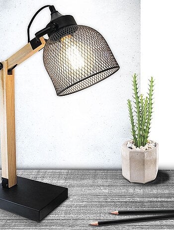 Lampe à poser grille en métal noir et bois