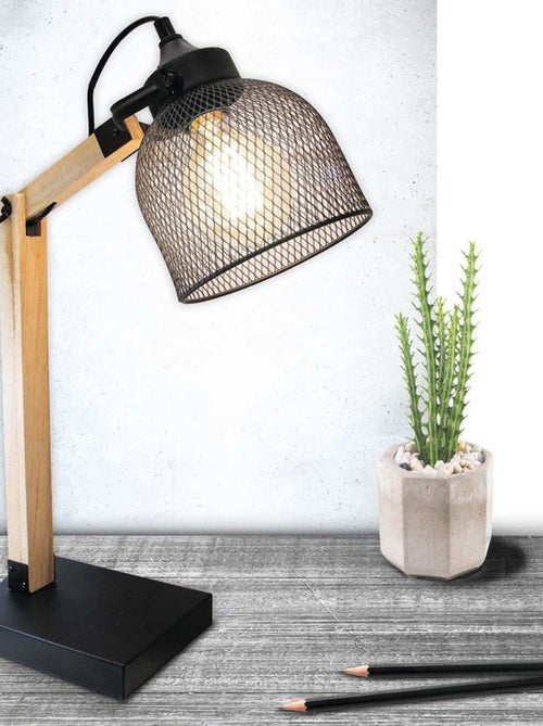 Lampe à poser grille en métal noir et bois - Kiabi