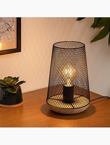 Lampe abat jour maille fer et bois industriel ZELY