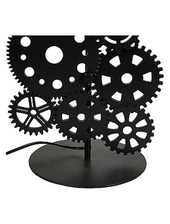 Lampe bois noir tissu rouages