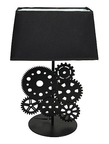 Lampe bois noir tissu rouages