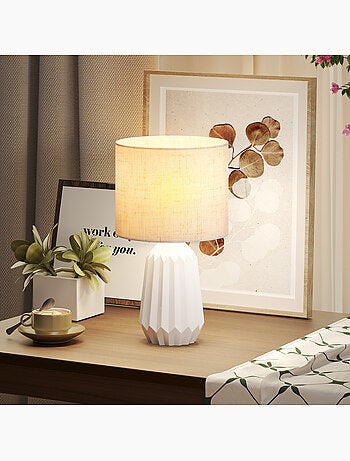 Lampe de table design néo-rétro céramique géométrique lin