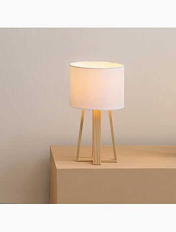 Lampe trépied bois de pin abat-jour coton MOLU