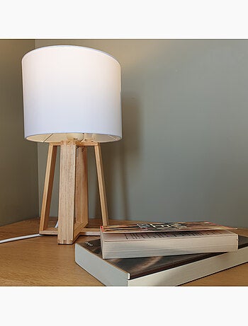 Lampe trépied bois de pin abat-jour coton MOLU