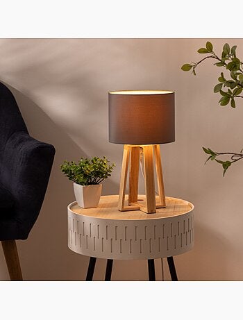 Lampe trépied bois de pin abat-jour coton MOLU