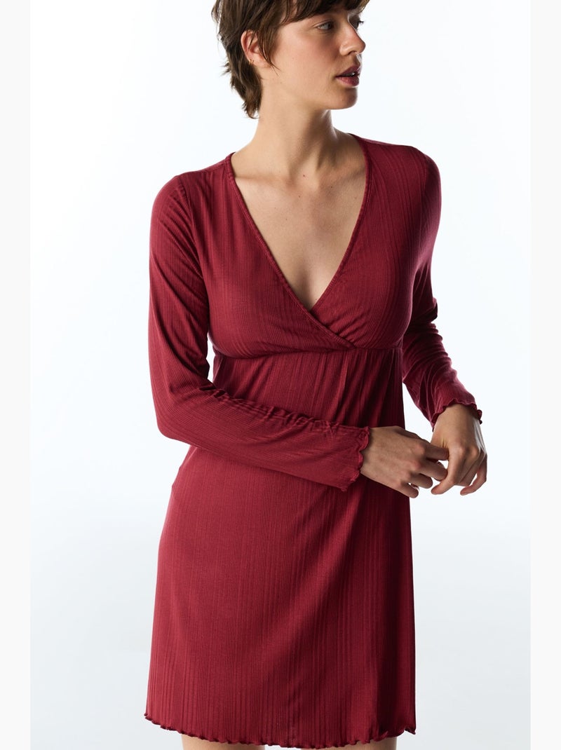 Lana chemise de nuit côtelée à manches longues penti Rouge bordeaux - Kiabi