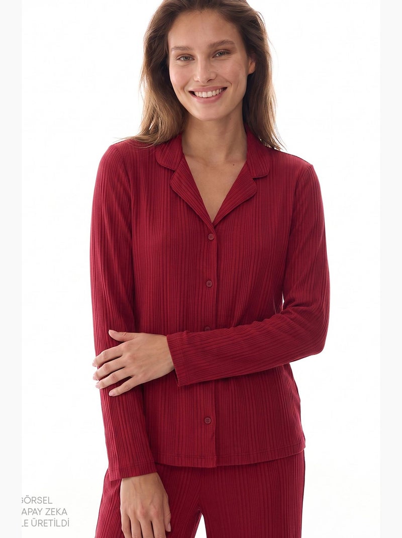 Lana ensemble de pyjama chemise pantalon à manches longues côtelé penti Rouge bordeaux - Kiabi