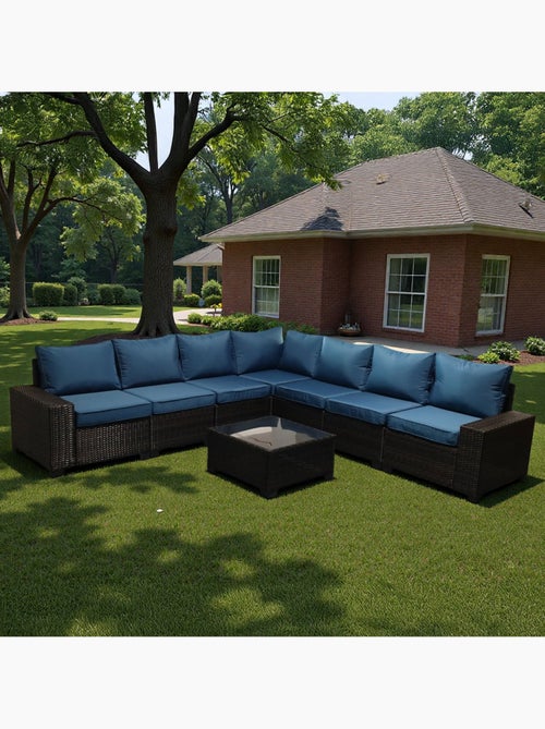 LAZARO - Salon de jardin modulable 7 places en résine tressée avec table gris et bleu - Kiabi