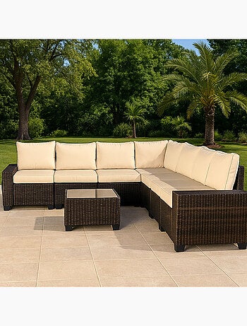LAZARO - Salon de jardin modulable 7 places en résine tressée avec table marron et beige