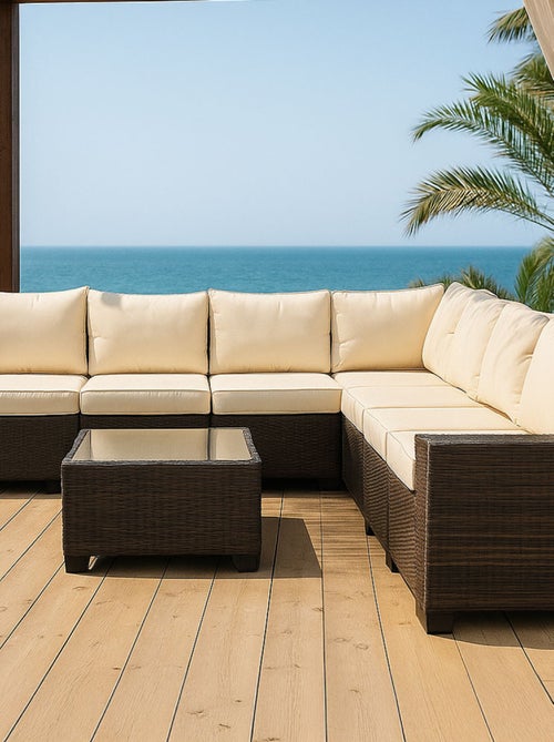 LAZARO - Salon de jardin modulable 7 places en résine tressée avec table marron et beige - Kiabi