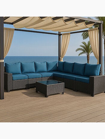LAZARO Salon de jardin d'angle 7 places en résine tressée avec table gris et bleu