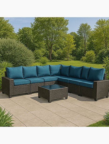 LAZARO Salon de jardin d'angle 7 places en résine tressée avec table gris et bleu