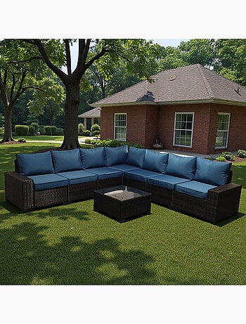 LAZARO Salon de jardin d'angle 7 places en résine tressée avec table gris et bleu