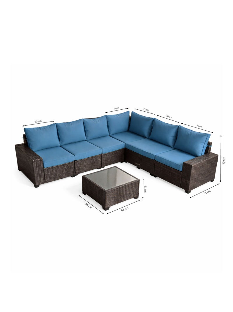 LAZARO Salon de jardin d'angle 7 places en résine tressée avec table gris et bleu Bleu - Kiabi