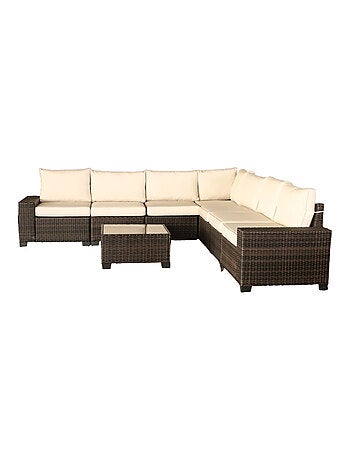 LAZARO Salon de jardin d'angle 7 places en résine tressée avec table marron et beige
