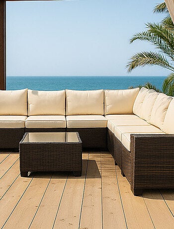 LAZARO Salon de jardin d'angle 7 places en résine tressée avec table marron et beige