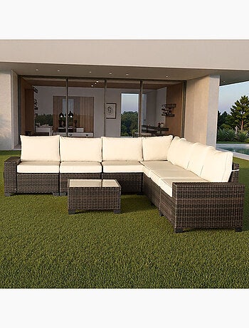 LAZARO Salon de jardin d'angle 7 places en résine tressée avec table marron et beige