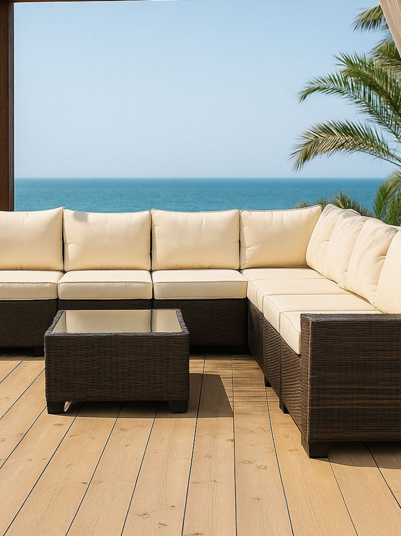 LAZARO Salon de jardin d'angle 7 places en résine tressée avec table marron et beige Beige - Kiabi